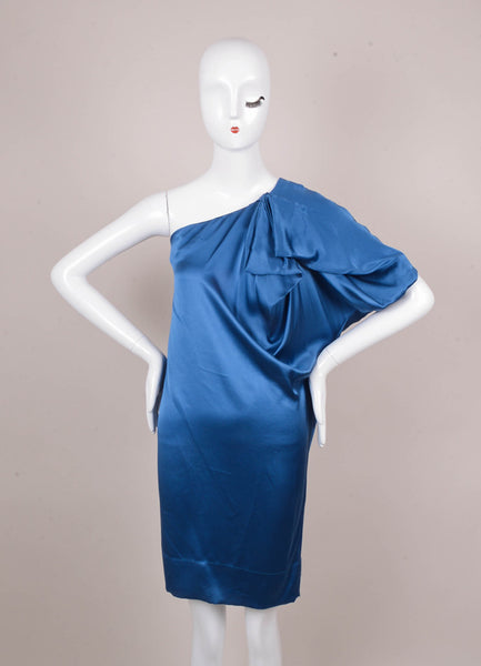 Blue Gathered One Shoulder Silk Dress