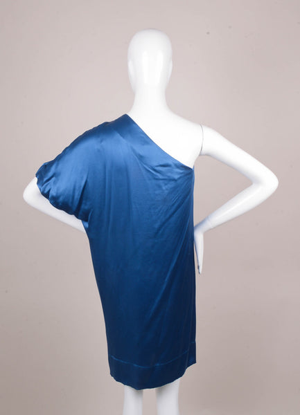 Blue Gathered One Shoulder Silk Dress