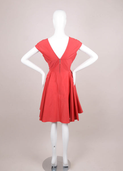 Red Double V Neck Cotton and Silk Sleeveless Flared Dress