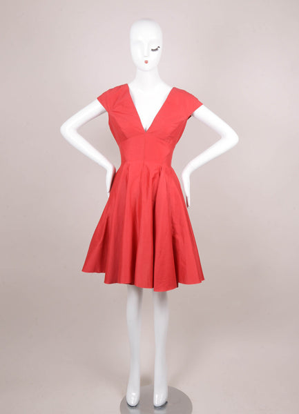 Red Double V Neck Cotton and Silk Sleeveless Flared Dress