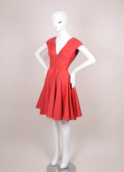 Red Double V Neck Cotton and Silk Sleeveless Flared Dress