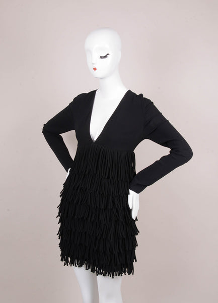 New With Tags Black V Neck Tiered Fringe Dress