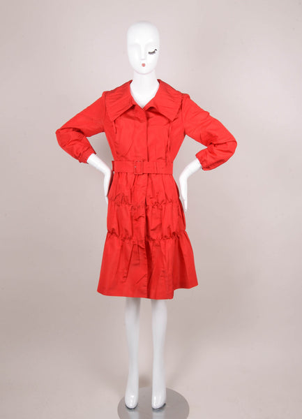 Red Lightweight Slick Belted and Buttoned Tiered Coat