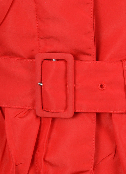 Red Lightweight Slick Belted and Buttoned Tiered Coat