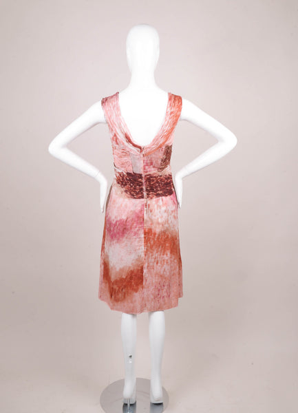 Multicolored Pink and Red Printed Ruched Bust and Pleated Sleeveless Cotton Dress