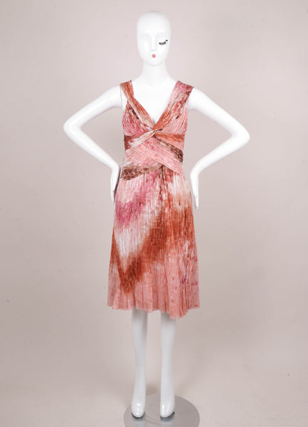 Multicolored Pink and Red Printed Ruched Bust and Pleated Sleeveless Cotton Dress