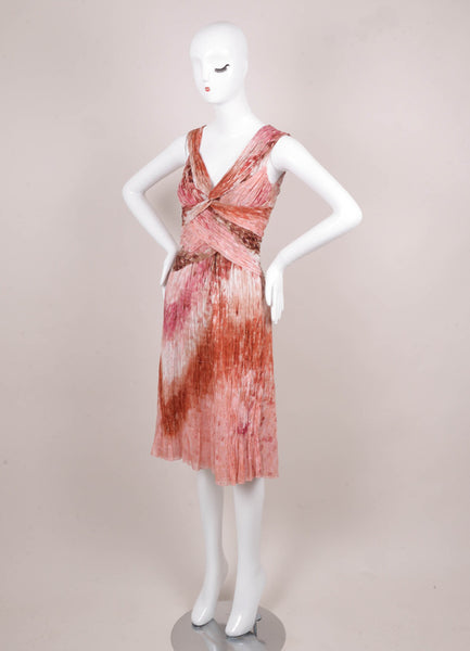 Multicolored Pink and Red Printed Ruched Bust and Pleated Sleeveless Cotton Dress