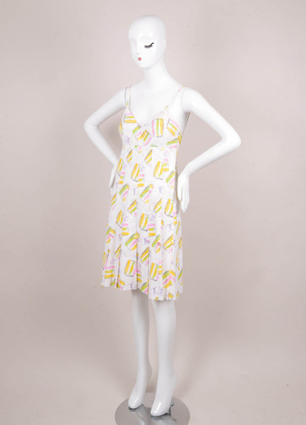 White and Multicolor Printed Sleeveless Button and Pleated Trim Cotton Sun Dress