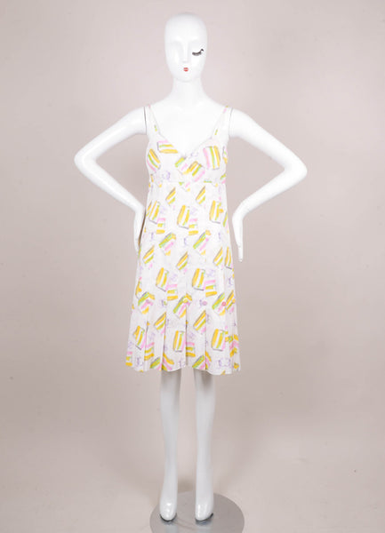 White and Multicolor Printed Sleeveless Button and Pleated Trim Cotton Sun Dress