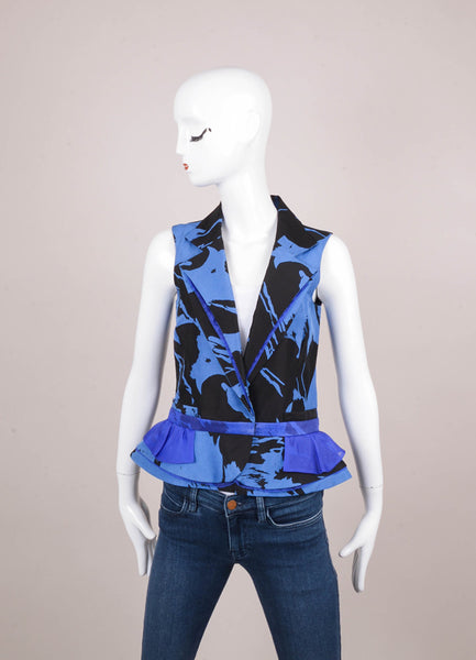 Blue and Black Abstract Print Peplum Vest