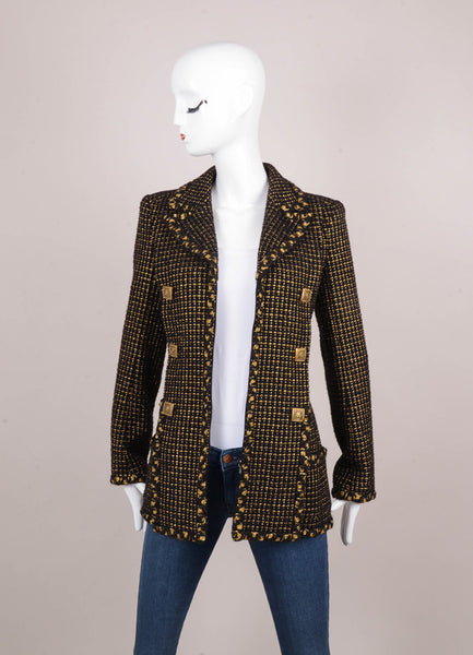 New Black and Gold Metallic Wool Button Detail Zip Up Knit Jacket