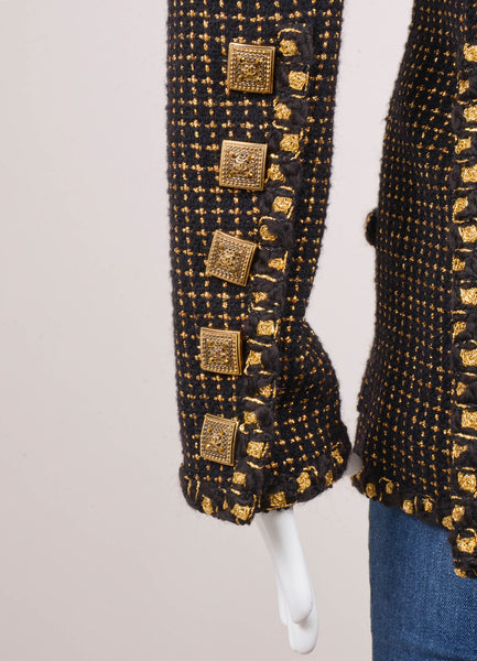 New Black and Gold Metallic Wool Button Detail Zip Up Knit Jacket