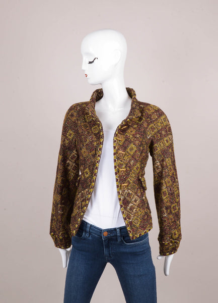 New Red, Green, and Gold Metallic Boucle Knit Embellished Button Jacket