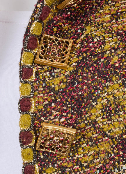 New Red, Green, and Gold Metallic Boucle Knit Embellished Button Jacket