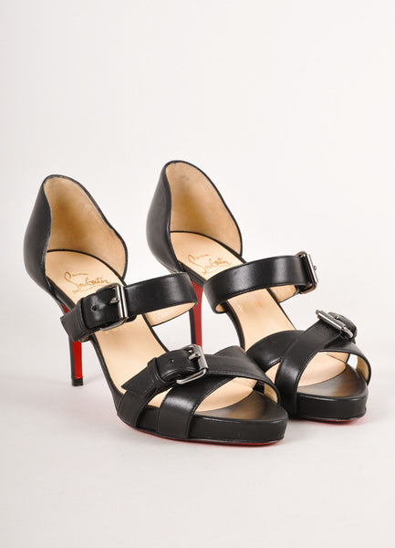 New Black Leather Platform Buckle Heel Sandals