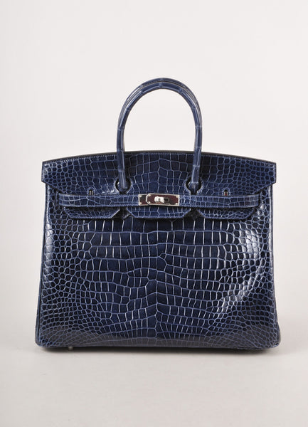 New In Box Bleu Abysse Porosus Crocodile Leather 35cm Birkin Handbag