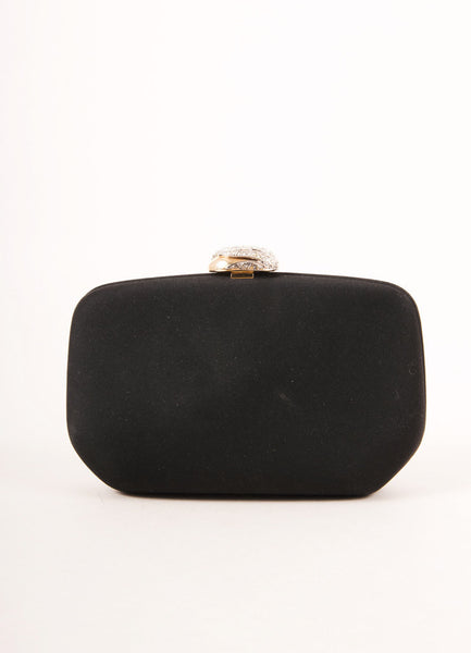 Black Satin Evening Clutch With Rhinestone Clasp and Gold Toned Chain Strap