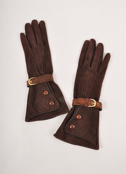 Brown Suede Gloves With Buckle Detail and Silk Lining