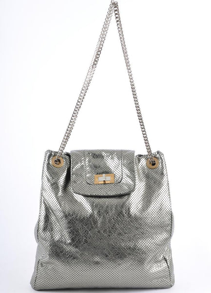 Silver Metallic Lambskin Turnlock "Perforated Drill" Tote Bag