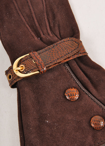 Brown Suede Gloves With Buckle Detail and Silk Lining