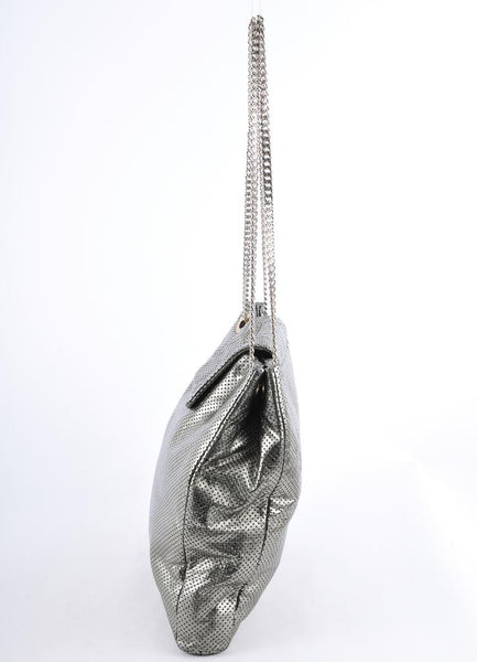 Silver Metallic Lambskin Turnlock "Perforated Drill" Tote Bag