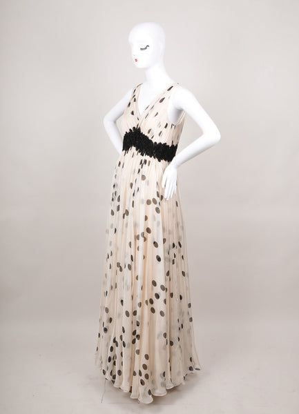 New With Tags Cream and Black Polka Dot Sleeveless Silk Evening Gown