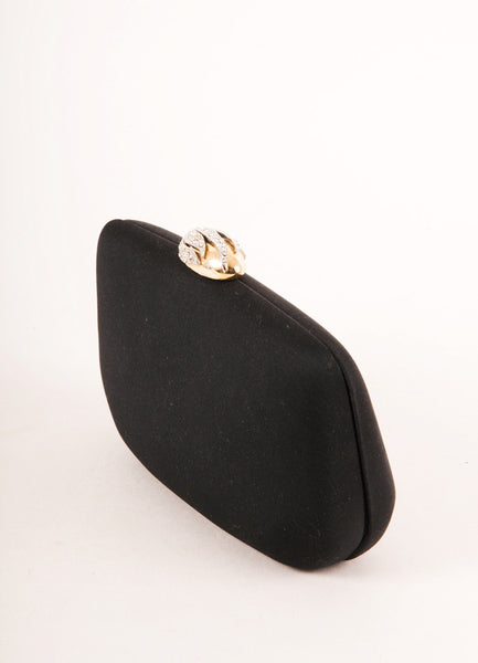 Black Satin Evening Clutch With Rhinestone Clasp and Gold Toned Chain Strap