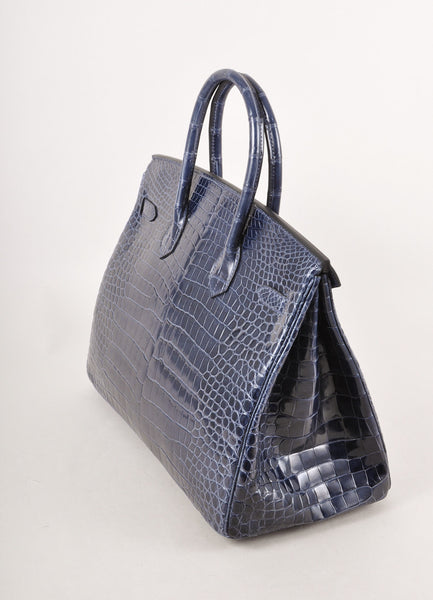 New In Box Bleu Abysse Porosus Crocodile Leather 35cm Birkin Handbag