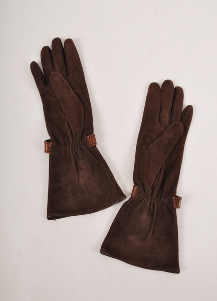 Brown Suede Gloves With Buckle Detail and Silk Lining