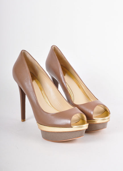 New Brown and Gold Peep Toe Pumps