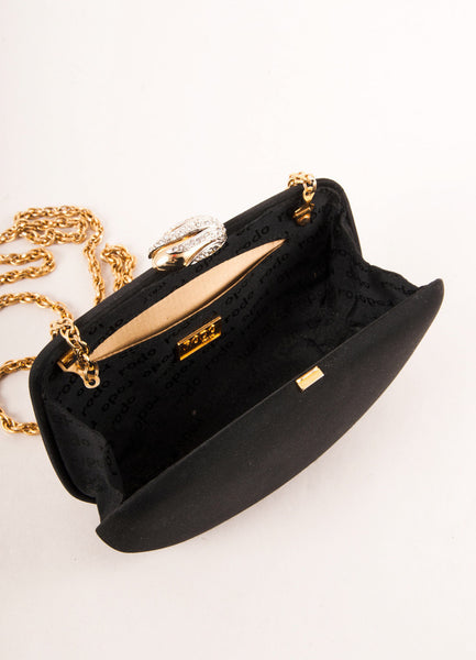 Black Satin Evening Clutch With Rhinestone Clasp and Gold Toned Chain Strap