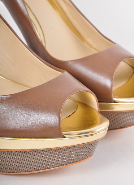 New Brown and Gold Peep Toe Pumps