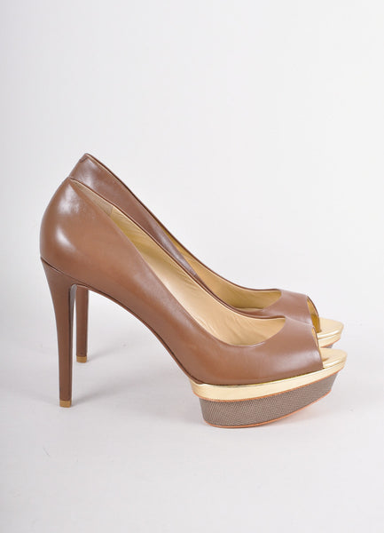 New Brown and Gold Peep Toe Pumps