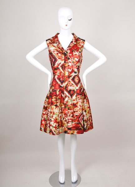 Red, Tan, and Black Ikat Print Sleeveless Silk and Cotton Pleated Dress