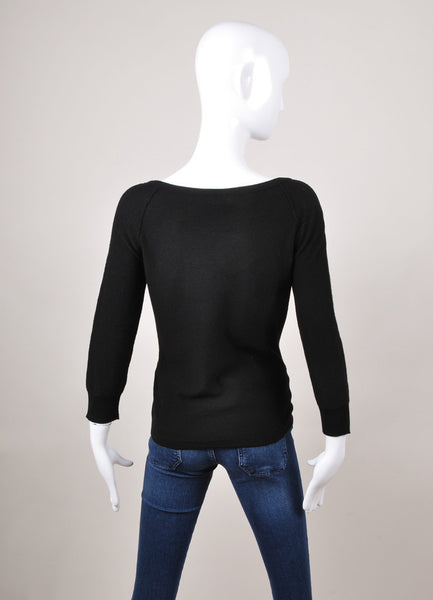 Black Wool and Cashmere Blend Front Bow Three Quarter Length Sleeve Sweater