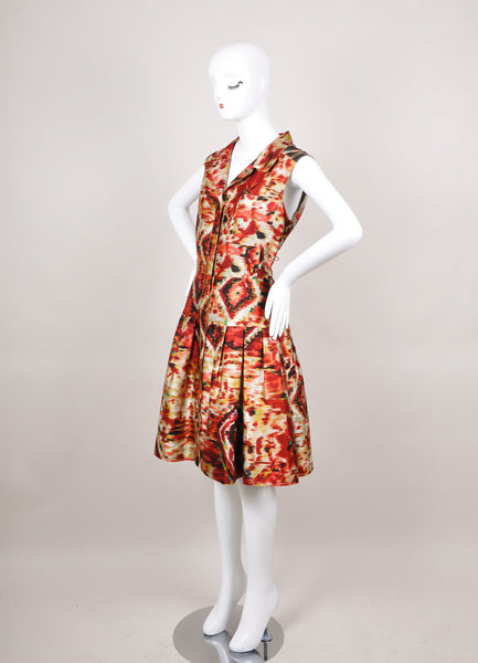 Red, Tan, and Black Ikat Print Sleeveless Silk and Cotton Pleated Dress