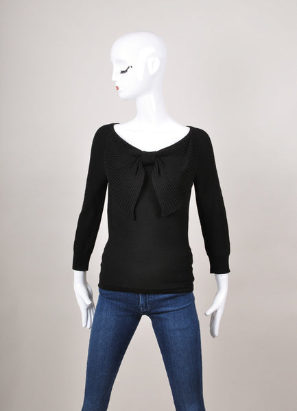 Black Wool and Cashmere Blend Front Bow Three Quarter Length Sleeve Sweater