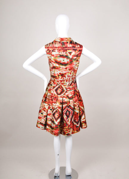 Red, Tan, and Black Ikat Print Sleeveless Silk and Cotton Pleated Dress