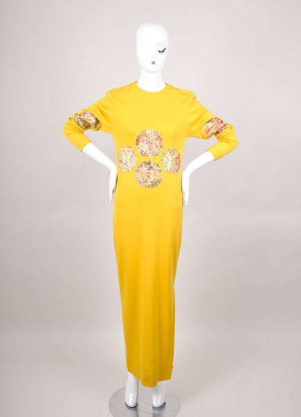 Yellow and Multicolor Embroidered Long Sleeve Knit Maxi Dress