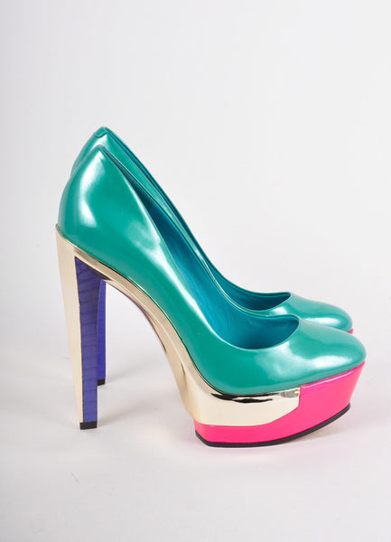 New Teal, Silver, and Pink Colorblock Platform Pumps