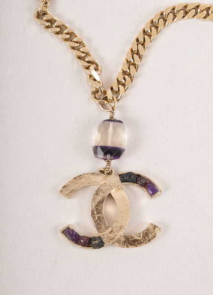 Gold Toned and Purple Amethyst Stone "CC" Pendant Necklace