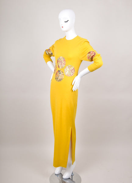 Yellow and Multicolor Embroidered Long Sleeve Knit Maxi Dress