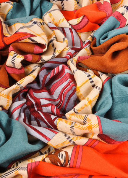 Orange and Multicolor "Camails" Printed Silk and Cashmere Scarf Shawl