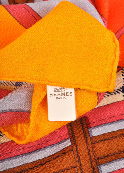 Orange and Multicolor "Camails" Printed Silk and Cashmere Scarf Shawl