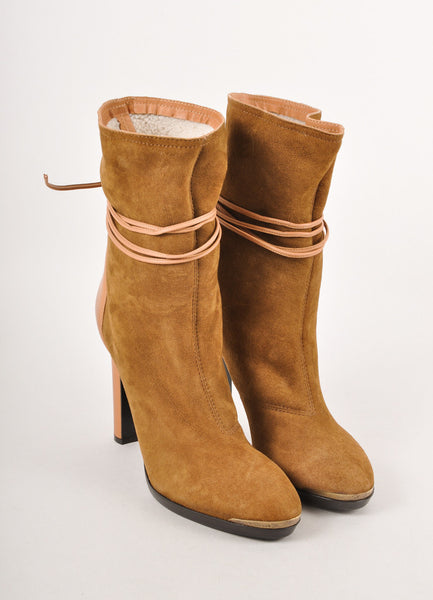 Brown Suede Leather and Shearling Lined Wrap Tie High Heel Boots