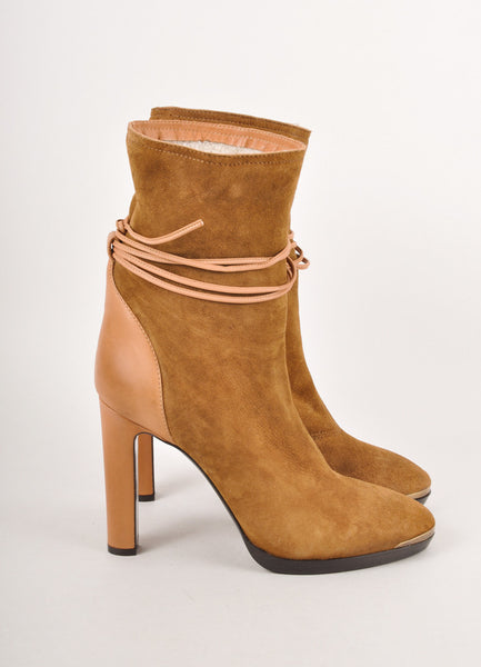 Brown Suede Leather and Shearling Lined Wrap Tie High Heel Boots