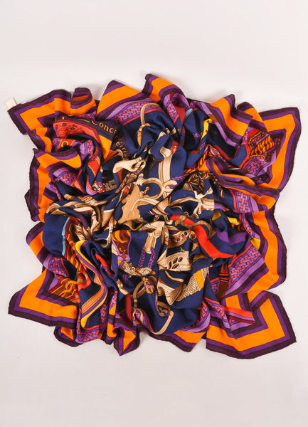 Navy and Multicolor "Concours d'Etriers" Printed Silk and Cashmere Scarf Shawl