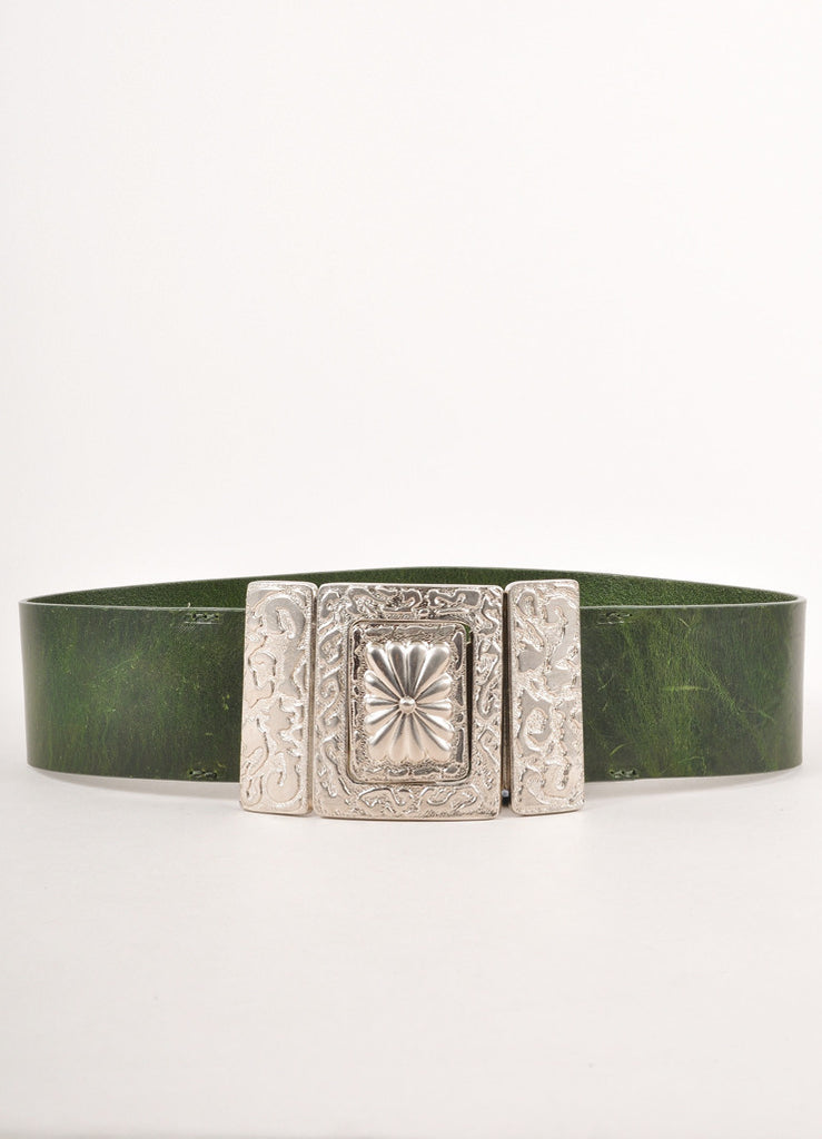 Green Leather Wide Belt With Textured Silver Toned Floral Buckle