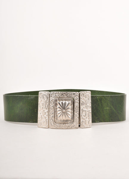 Green Leather Wide Belt With Textured Silver Toned Floral Buckle