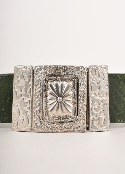 Green Leather Wide Belt With Textured Silver Toned Floral Buckle